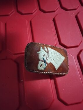 Vintage Leather Horse Embroidered Belt Buckle - White Horse on Brown